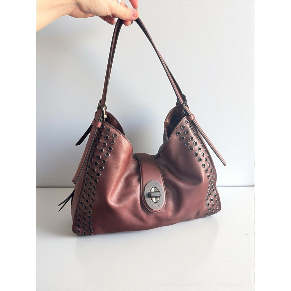 Coach Madison Grommet Studded Carlyle 32401 Brick Red Leather Handbag Hobo Bag - Picture 5 of 8